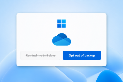 Concept Windows 11 : l'assistant d'installation propose enfin un vrai bouton « Opt out of backup » pour refuser la sauvegarde OneDrive, à la place de l'ancien « Remind me in 3 days »