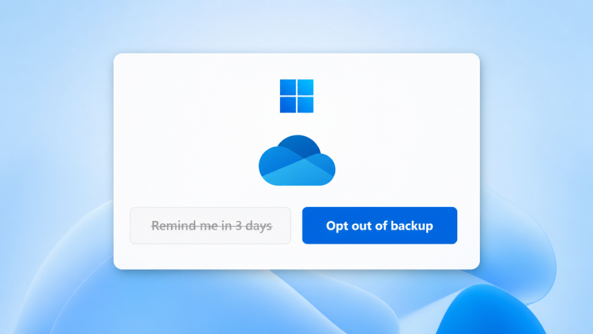 Concept Windows 11 : l'assistant d'installation propose enfin un vrai bouton « Opt out of backup » pour refuser la sauvegarde OneDrive, à la place de l'ancien « Remind me in 3 days »