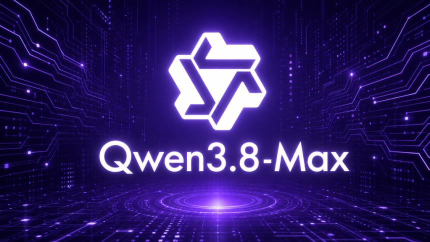 Qwen3.8-Max - logo blanc et nom du modèle sur fond tech abstrait