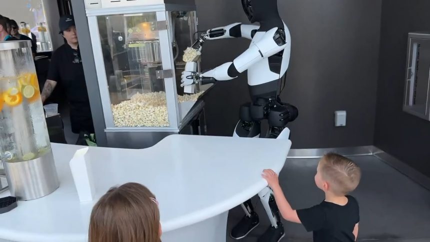 Tesla Optimus Gen-2 servant du popcorn au Tesla Diner d'Hollywood, scène réelle