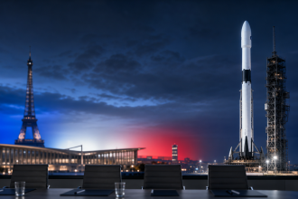 Fusée SpaceX sur son pas de tir face à Paris, quatre sièges vides autour d'une table de sommet