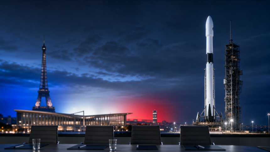 Fusée SpaceX sur son pas de tir face à Paris, quatre sièges vides autour d'une table de sommet
