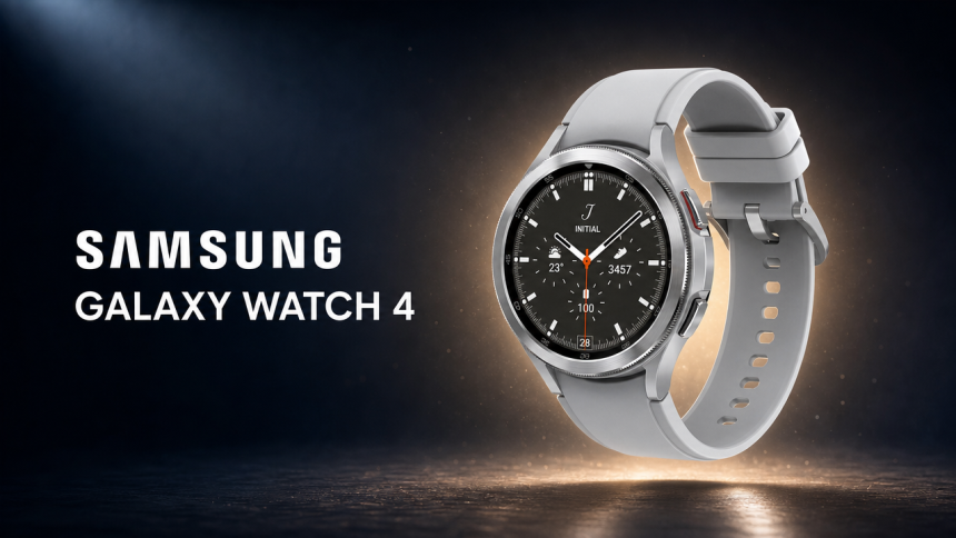 Samsung Galaxy Watch 4 Classic en héros sur fond sombre premium avec halo ambré, fin de support annoncée