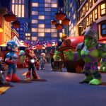 Spidey et l'équipe des Avengers (Iron Man, Hulk, Captain America, Wasp, Black Panther) en costumes d'Halloween dans les rues de la ville — special animé Marvel's Spidey and his Amazing Friends, disponible sur Disney+ le 25 septembre.