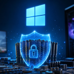 Concept Windows 11 : logo Windows au-dessus de barrettes RAM protegees par un bouclier, setup gaming en arriere-plan, pour Memory Integrity active par defaut