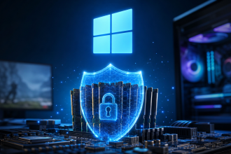 Concept Windows 11 : logo Windows au-dessus de barrettes RAM protegees par un bouclier, setup gaming en arriere-plan, pour Memory Integrity active par defaut