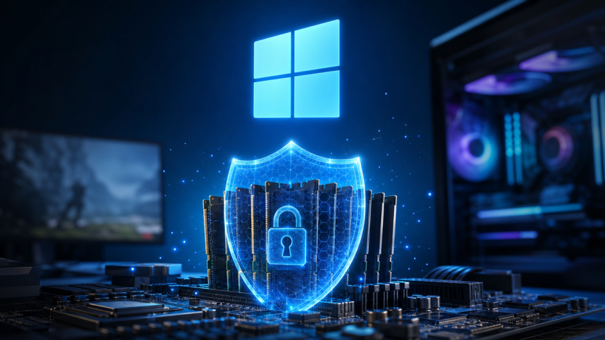 Concept Windows 11 : logo Windows au-dessus de barrettes RAM protegees par un bouclier, setup gaming en arriere-plan, pour Memory Integrity active par defaut
