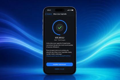 Concept iOS 26.6.2 : iPhone unique affichant l'écran Mis à jour logicielle, version téléchargée en urgence avant la keynote, fond vagues colorées iOS