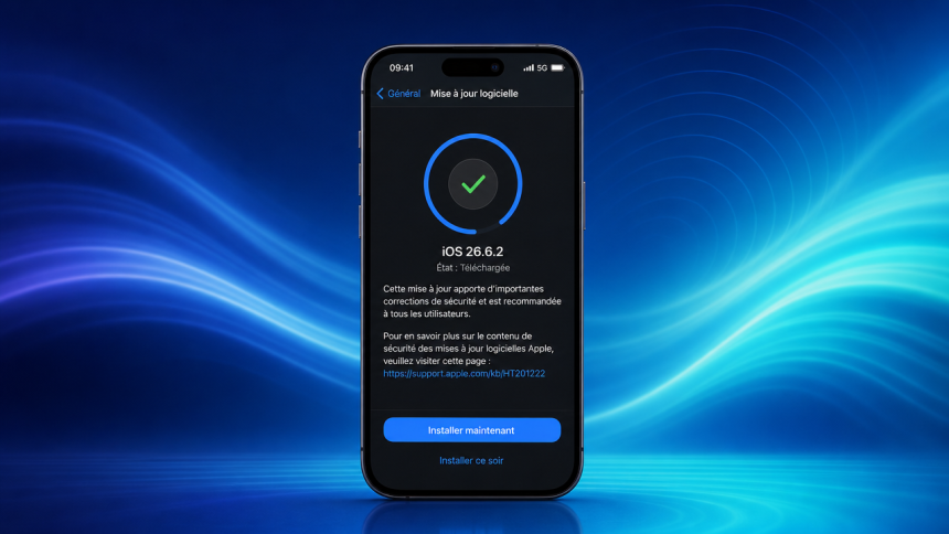 Concept iOS 26.6.2 : iPhone unique affichant l'écran Mis à jour logicielle, version téléchargée en urgence avant la keynote, fond vagues colorées iOS