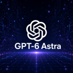Logo OpenAI avec le nom du modèle GPT-6 Astra, concept sombre techno fond bleu nuit