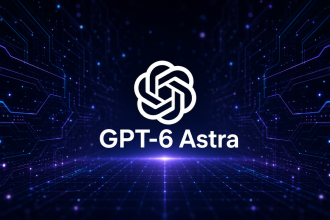 Logo OpenAI avec le nom du modèle GPT-6 Astra, concept sombre techno fond bleu nuit
