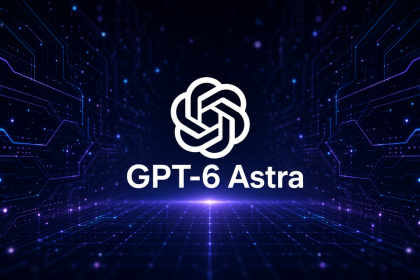 Logo OpenAI avec le nom du modèle GPT-6 Astra, concept sombre techno fond bleu nuit