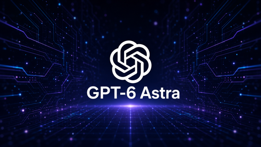 Logo OpenAI avec le nom du modèle GPT-6 Astra, concept sombre techno fond bleu nuit