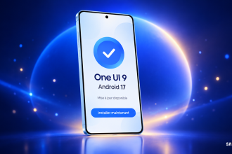 Samsung Galaxy S25 avec l'écran de mise à jour One UI 9 sous Android 17, visuel concept du déploiement