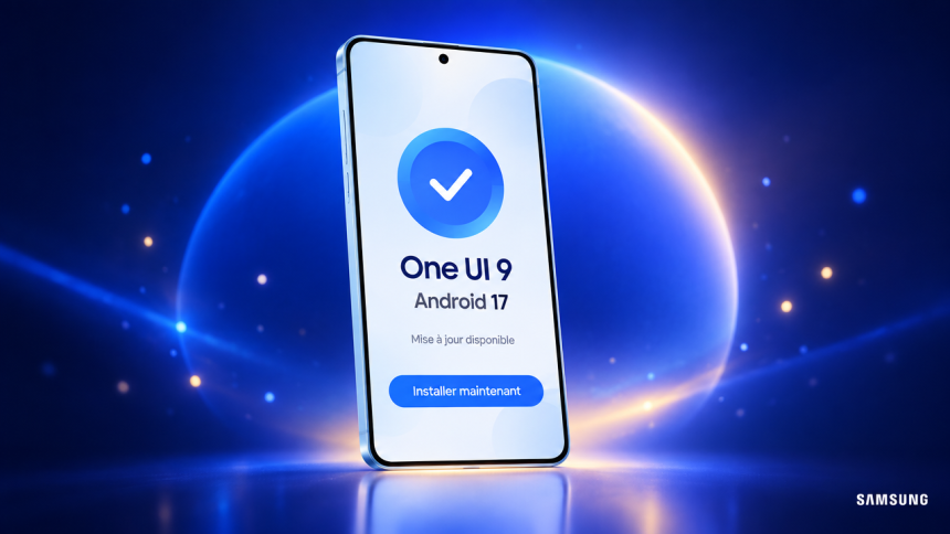 Samsung Galaxy S25 avec l'écran de mise à jour One UI 9 sous Android 17, visuel concept du déploiement