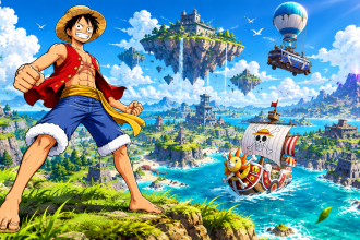 Concept 16:9 Fortnite x One Piece : Luffy en héros devant une île Battle Royale avec le navire pirate, fuite mini-saison au 1er novembre