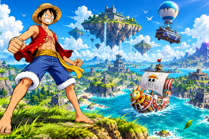 Concept 16:9 Fortnite x One Piece : Luffy en héros devant une île Battle Royale avec le navire pirate, fuite mini-saison au 1er novembre