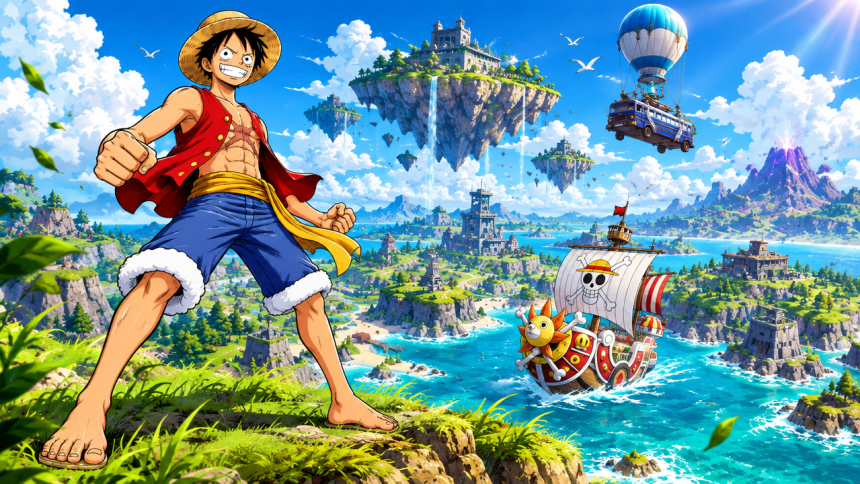 Concept 16:9 Fortnite x One Piece : Luffy en héros devant une île Battle Royale avec le navire pirate, fuite mini-saison au 1er novembre