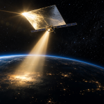 Illustration concept : un satellite-miroir orbital déployé renvoie un faisceau de lumière solaire vers la face nocturne de la Terre, concept de la startup Reflect Orbital