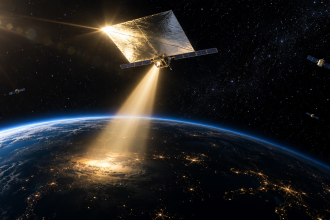 Illustration concept : un satellite-miroir orbital déployé renvoie un faisceau de lumière solaire vers la face nocturne de la Terre, concept de la startup Reflect Orbital