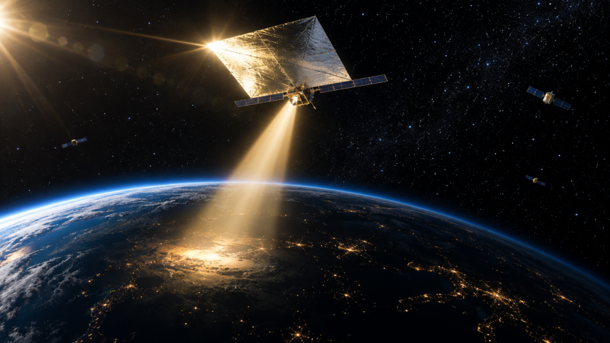 Illustration concept : un satellite-miroir orbital déployé renvoie un faisceau de lumière solaire vers la face nocturne de la Terre, concept de la startup Reflect Orbital