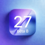 Concept iOS 27 bêta 8 : grand carré glassmorphism centré avec le chiffre « 27 » et « bêta 8 » en dessous, sur fond dégradé indigo à cyan