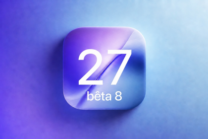 Concept iOS 27 bêta 8 : grand carré glassmorphism centré avec le chiffre « 27 » et « bêta 8 » en dessous, sur fond dégradé indigo à cyan