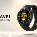 Huawei Watch GT 6 Pro noire en lévitation sur fond clair, mise en valeur premium sans badge promo
