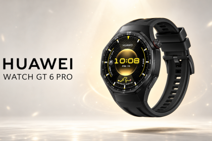 Huawei Watch GT 6 Pro noire en lévitation sur fond clair, mise en valeur premium sans badge promo