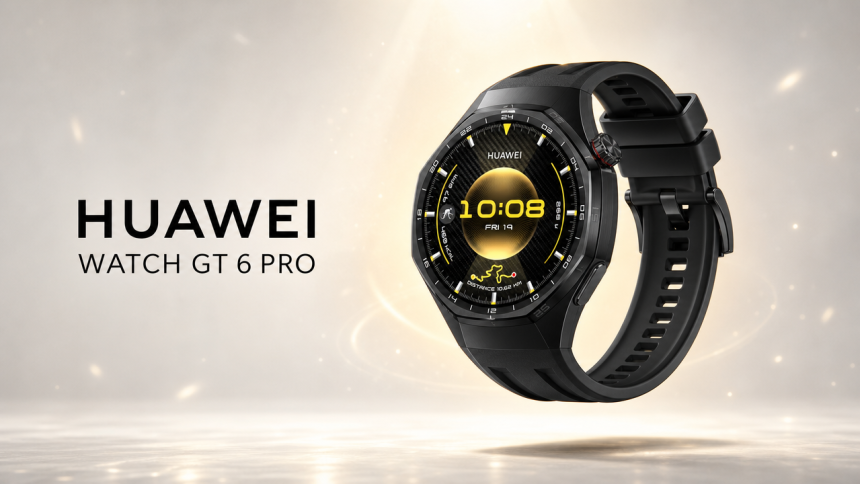 Huawei Watch GT 6 Pro noire en lévitation sur fond clair, mise en valeur premium sans badge promo