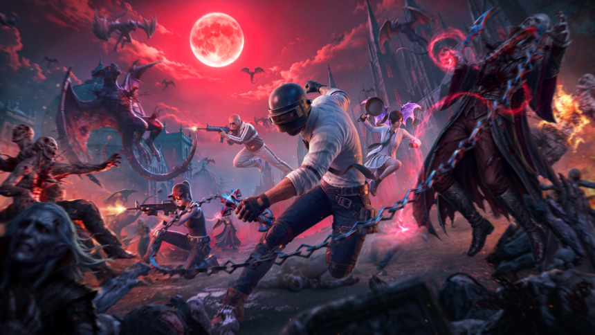 Key art officiel de la mise à jour PUBG Mobile 4.6 Midnight Hunters avec le mode vampires et chef vampire sous la lune de sang