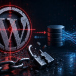 Logo WordPress fissuré ciblé par un réticule rouge, cadenas brisé et base de données compromise, faille All-in-One WP Migration