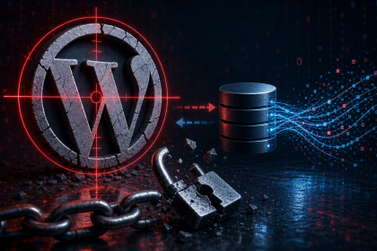 Logo WordPress fissuré ciblé par un réticule rouge, cadenas brisé et base de données compromise, faille All-in-One WP Migration