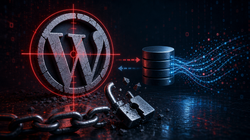 Logo WordPress fissuré ciblé par un réticule rouge, cadenas brisé et base de données compromise, faille All-in-One WP Migration