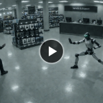 Robot humanoïde Unitree G1 en position d'attaque kung-fu face à un client dans un magasin d'électronique, vue de vidéosurveillance