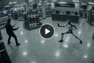 Robot humanoïde Unitree G1 en position d'attaque kung-fu face à un client dans un magasin d'électronique, vue de vidéosurveillance