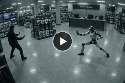 Robot humanoïde Unitree G1 en position d'attaque kung-fu face à un client dans un magasin d'électronique, vue de vidéosurveillance