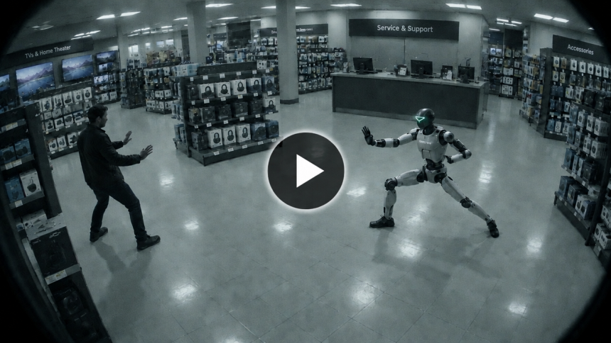 Robot humanoïde Unitree G1 en position d'attaque kung-fu face à un client dans un magasin d'électronique, vue de vidéosurveillance