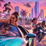 Concept GTA 6 Online : session multijoueur chaotique à Vice City au coucher du soleil, key art peint style Rockstar