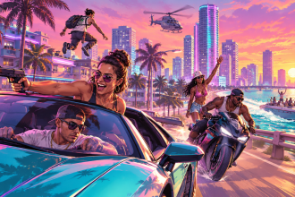 Concept GTA 6 Online : session multijoueur chaotique à Vice City au coucher du soleil, key art peint style Rockstar