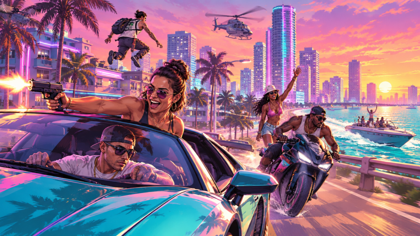 Concept GTA 6 Online : session multijoueur chaotique à Vice City au coucher du soleil, key art peint style Rockstar