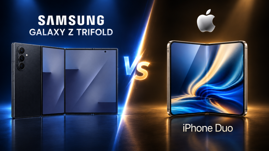 Galaxy Z TriFold 2 face à l'iPhone Duo, duel de smartphones pliables Samsung et Apple, rendu concept