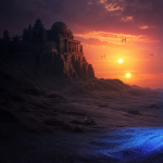 Sacre Jedi bleu plante dans le desert face a un temple au double coucher de soleil, concept Star Wars New Jedi Order