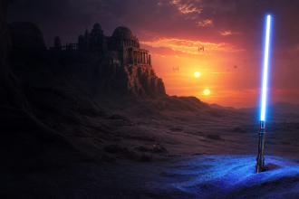 Sacre Jedi bleu plante dans le desert face a un temple au double coucher de soleil, concept Star Wars New Jedi Order