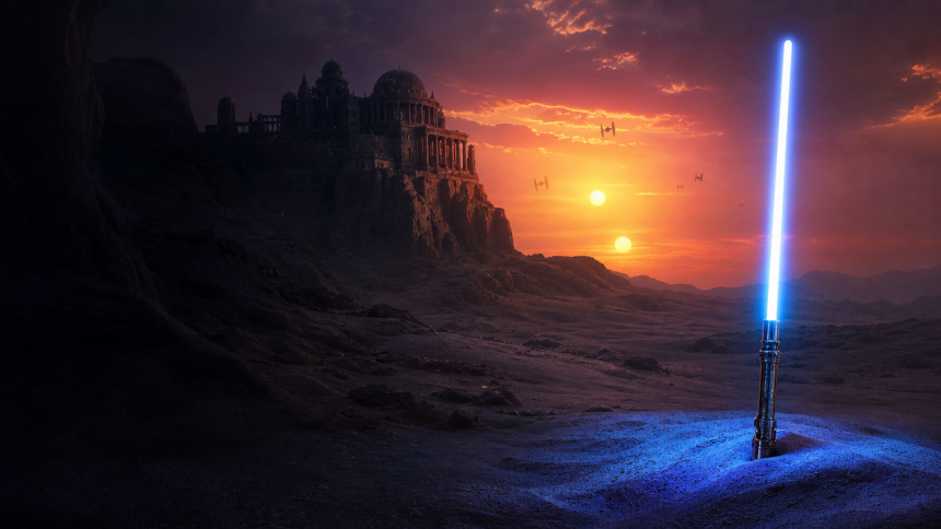 Sacre Jedi bleu plante dans le desert face a un temple au double coucher de soleil, concept Star Wars New Jedi Order