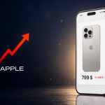 Concept Apple : hausse de 100 dollars du prix des anciens iPhone (16, 17, 17e, Air) après la keynote, flèche rouge ascendante et prix à 799 dollars sur l'écran de l'iPhone
