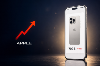 Concept Apple : hausse de 100 dollars du prix des anciens iPhone (16, 17, 17e, Air) après la keynote, flèche rouge ascendante et prix à 799 dollars sur l'écran de l'iPhone