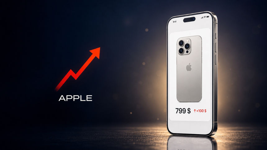 Concept Apple : hausse de 100 dollars du prix des anciens iPhone (16, 17, 17e, Air) après la keynote, flèche rouge ascendante et prix à 799 dollars sur l'écran de l'iPhone