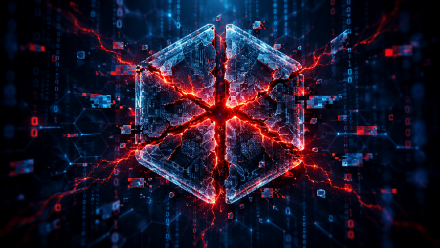 Concept de noyau Linux fendu en quatre segments par des fissures rouge-orangé de corruption mémoire, quatre exploits publics vers un shell root local