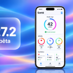 iPhone 18 Pro affichant la nouvelle app Santé d'iOS 27.2 bêta avec l'indicateur Health Age, carré glassmorphism 27.2 bêta sur fond de vagues colorées iOS